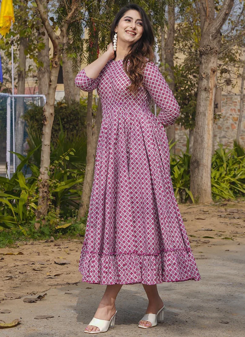 Vegaa Fashion Onion Pink Rayon Digital Print Designer Gown For Festive - Image 2