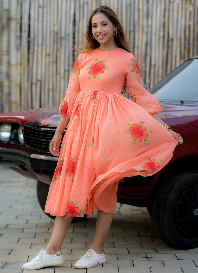 Vegaa Fashion Peach Rayon Kota Checks Digital Print Kurti - Image 2