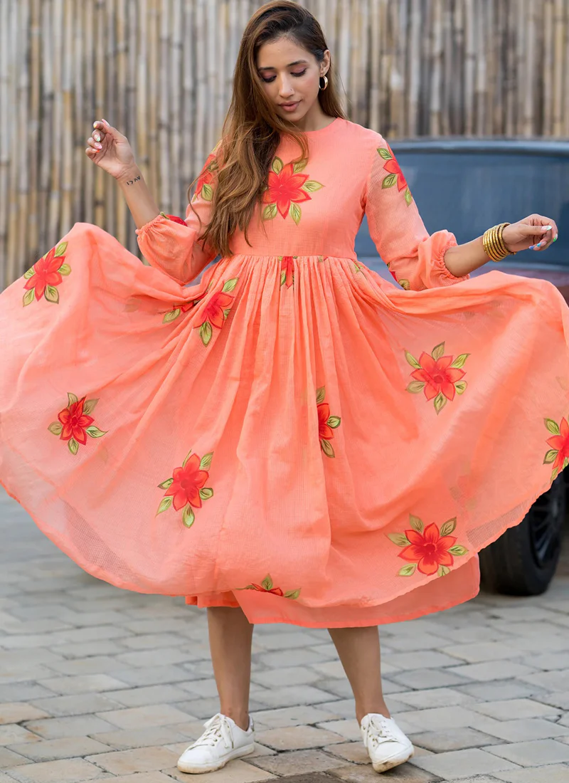 Vegaa Fashion Peach Rayon Kota Checks Digital Print Kurti - Image 3