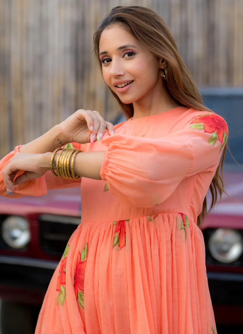 Vegaa Fashion Peach Rayon Kota Checks Digital Print Kurti - Image 4