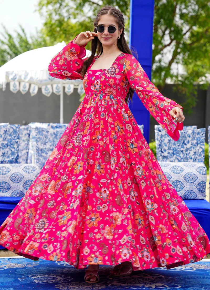 Vegaa Fashion Pink Georgette Digital Print Designer Gown For Festive - Image 2