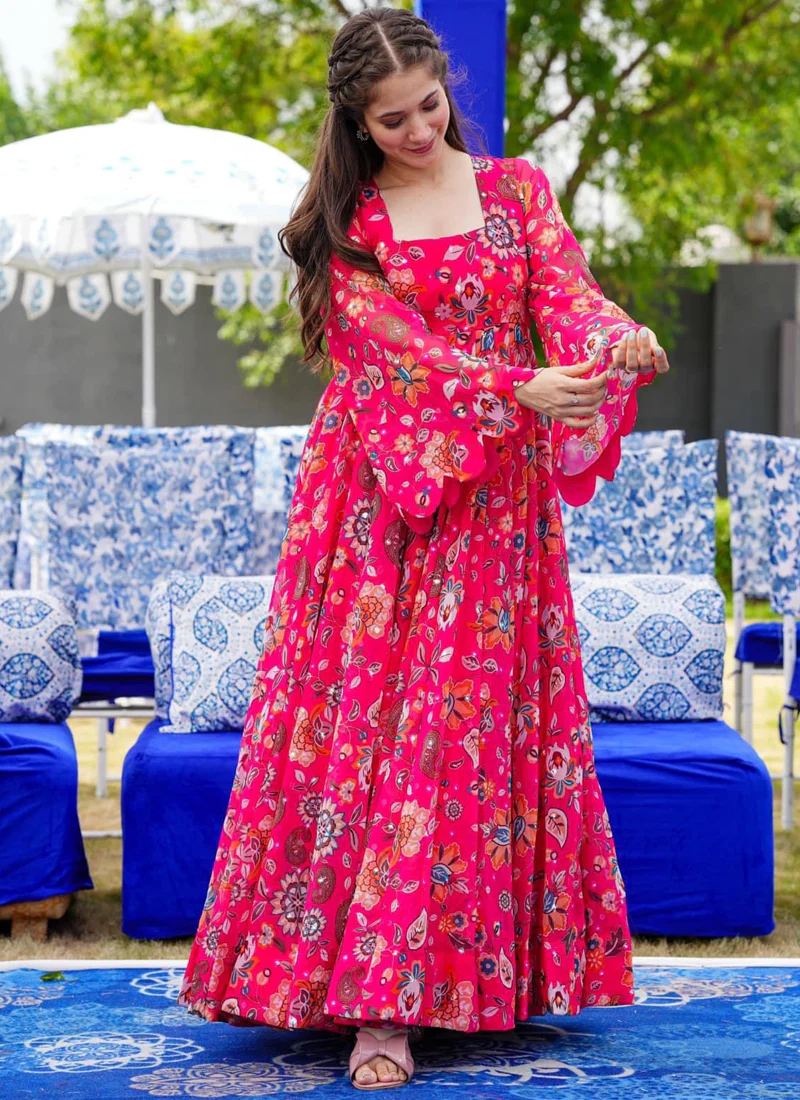 Vegaa Fashion Pink Georgette Digital Print Designer Gown For Festive - Image 3
