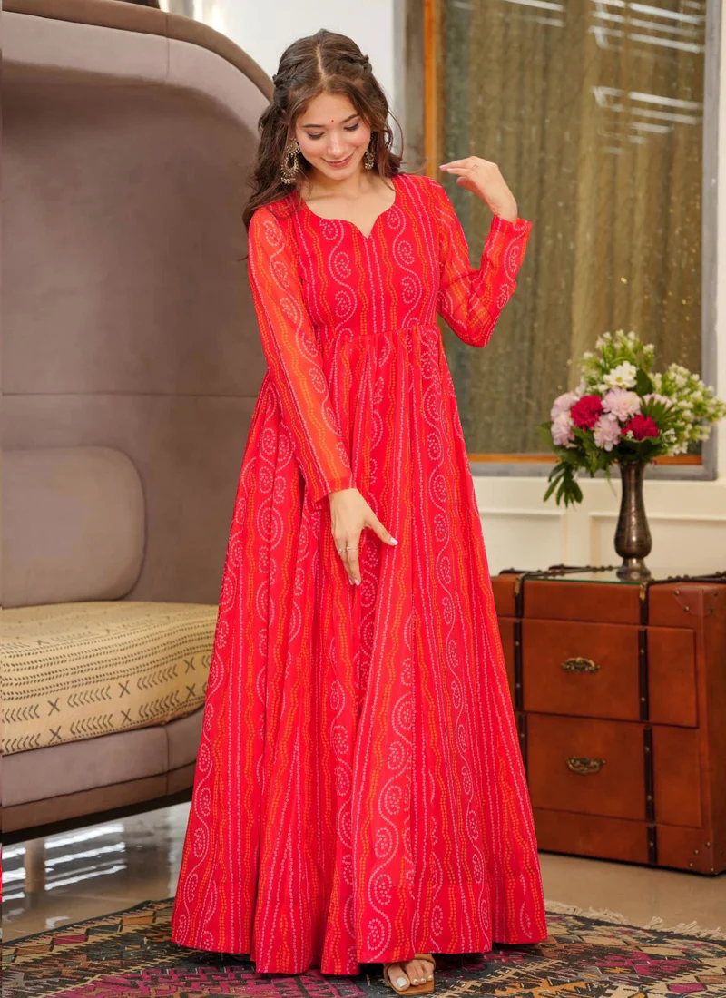 Vegaa Fashion Red Georgette Digital Print Designer Gown For Festive - Image 2