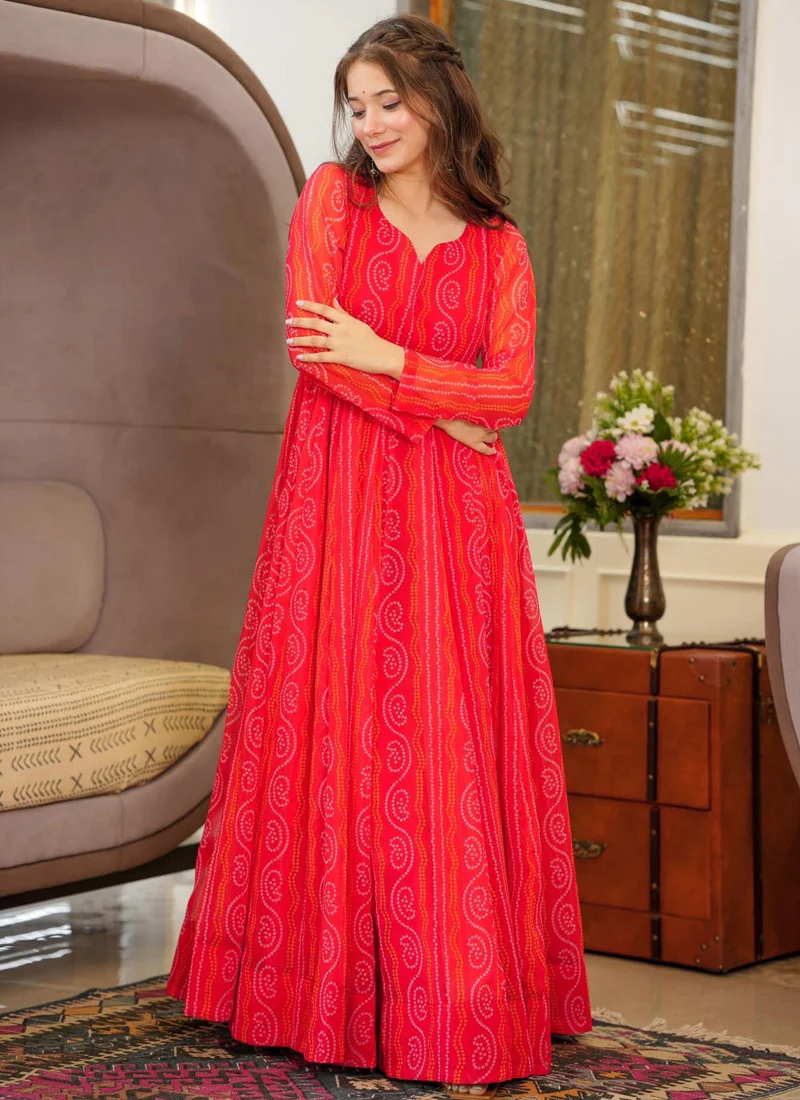 Vegaa Fashion Red Georgette Digital Print Designer Gown For Festive - Image 3