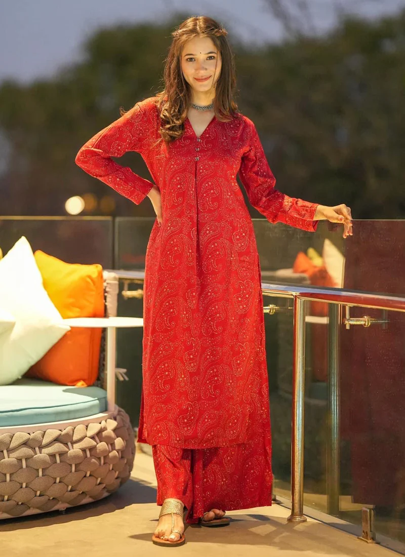 Vegaa Fashion Red Muslin Digital Print Designer Kurti Pant
