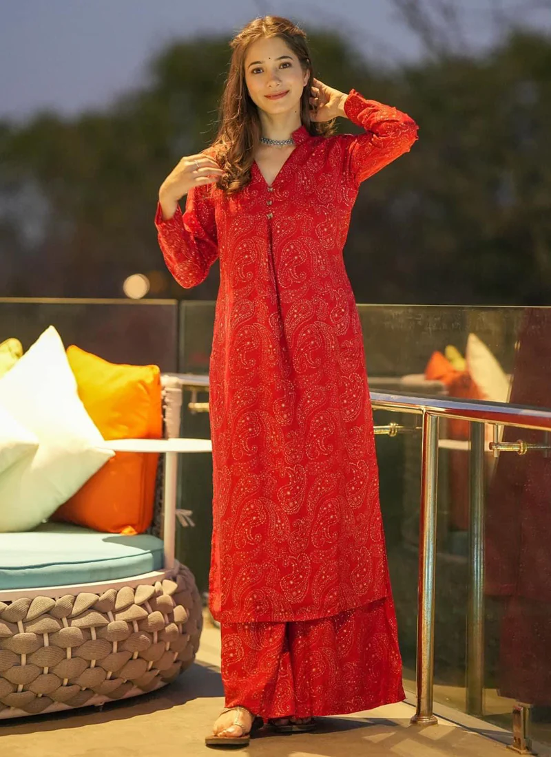Vegaa Fashion Red Muslin Digital Print Designer Kurti Pant - Image 2