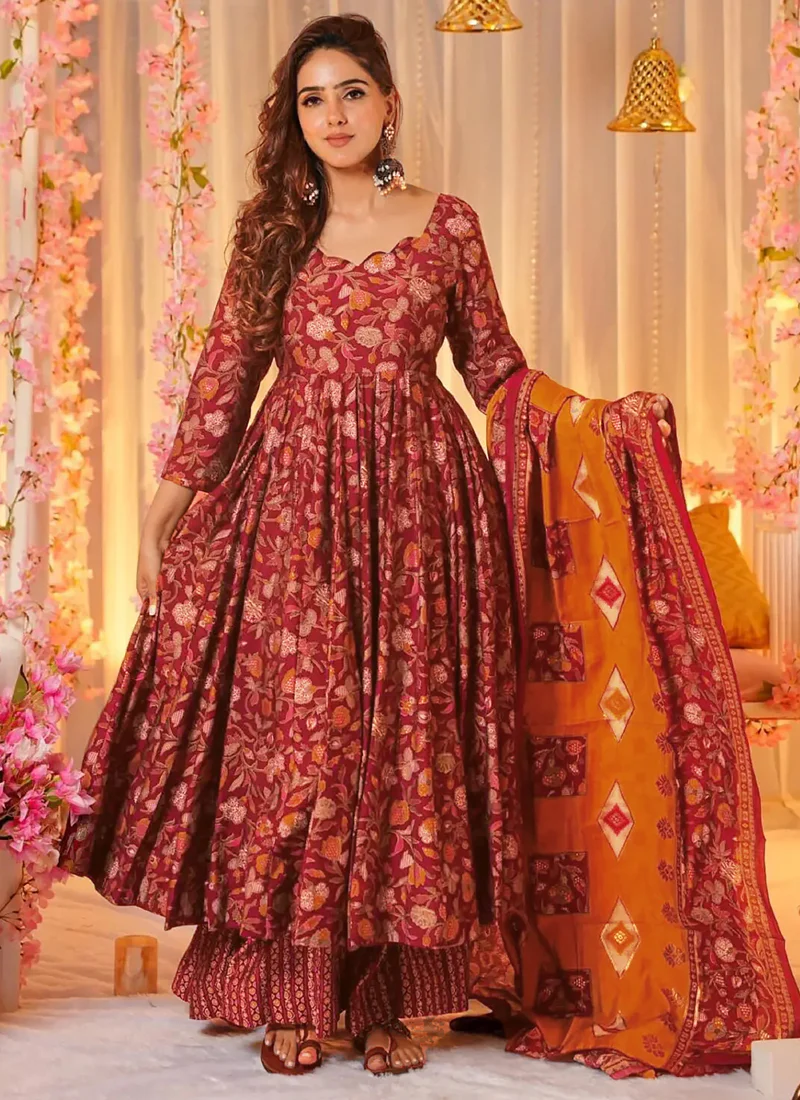 Vegaa Fashion Red Muslin Digital Print Designer Salwar Suit