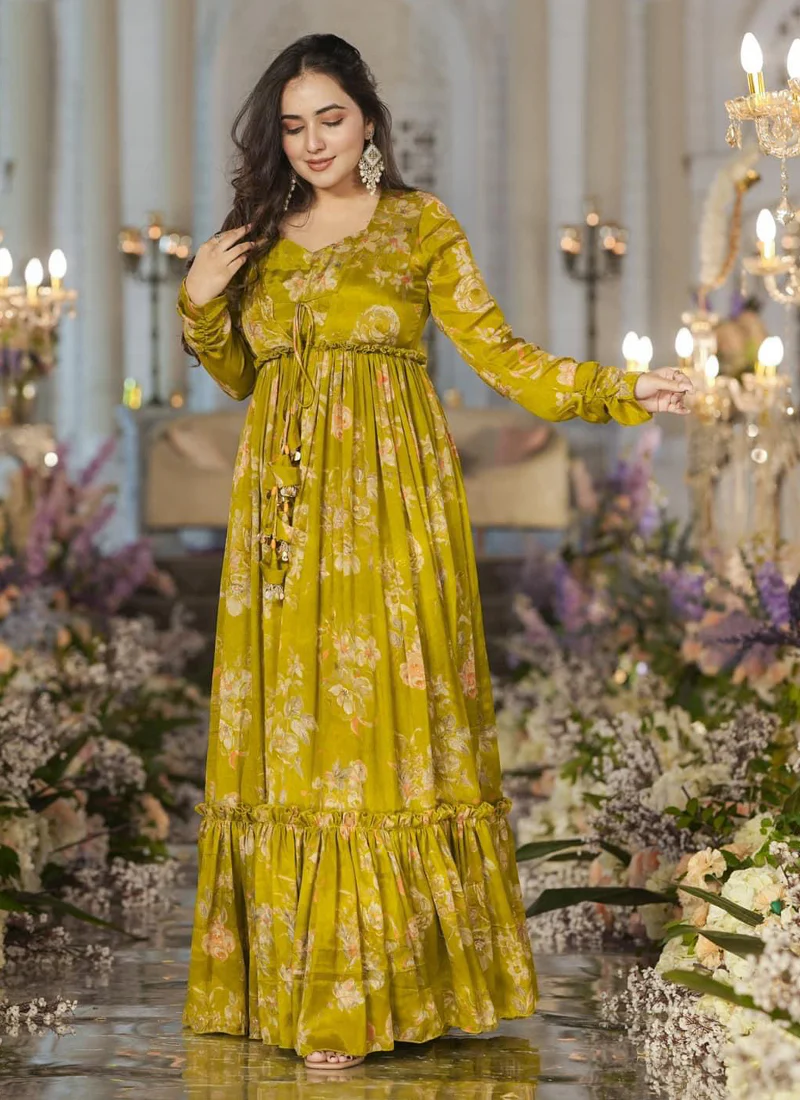 Vegaa Fashion Smith Green Chinon Silk Digital Print Palazzo With Shrug Indo Western Suit - Image 2