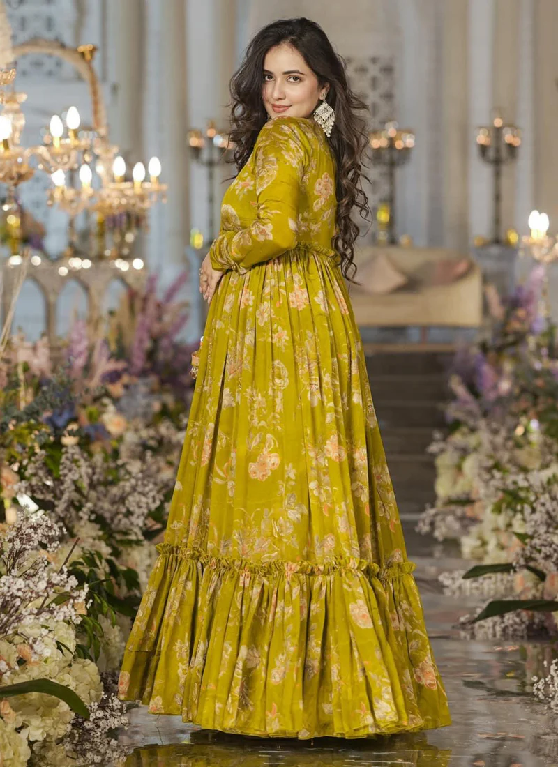 Vegaa Fashion Smith Green Chinon Silk Digital Print Palazzo With Shrug Indo Western Suit - Image 3