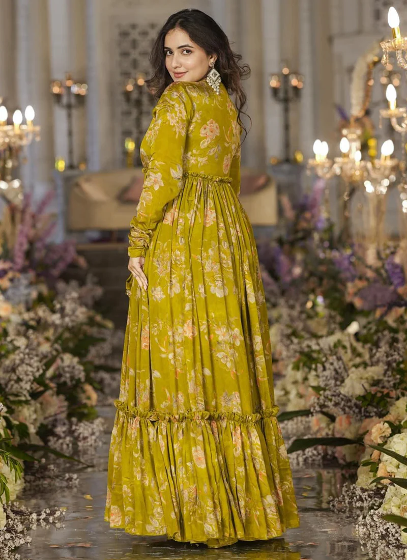 Vegaa Fashion Smith Green Chinon Silk Digital Print Palazzo With Shrug Indo Western Suit - Image 4