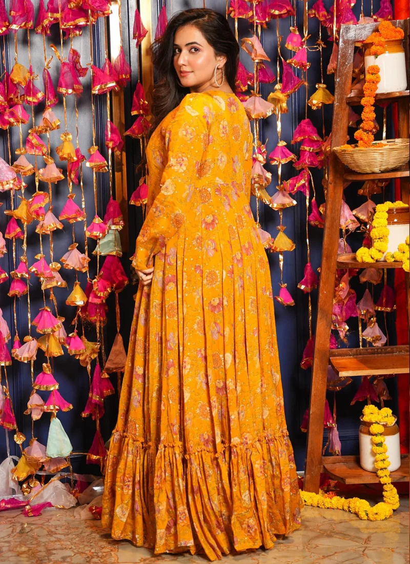 Vegaa Fashion Yellow Chinon Silk Digital Print Palazzo With Shrug Indo Western Suit - Image 2