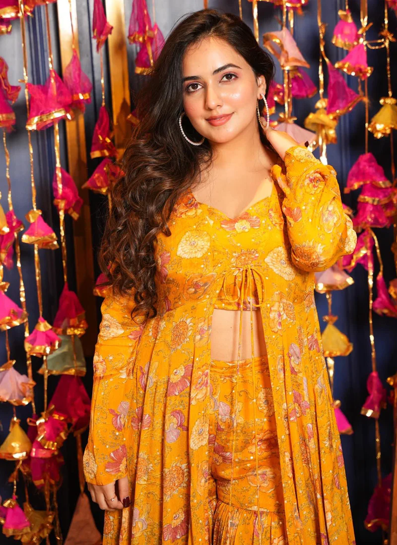 Vegaa Fashion Yellow Chinon Silk Digital Print Palazzo With Shrug Indo Western Suit - Image 3