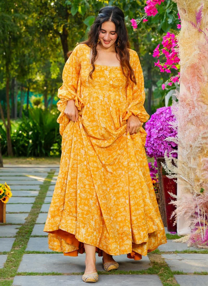 Vegaa Fashion Yellow Georgette Digital Print Designer Gown For Festive - Image 2